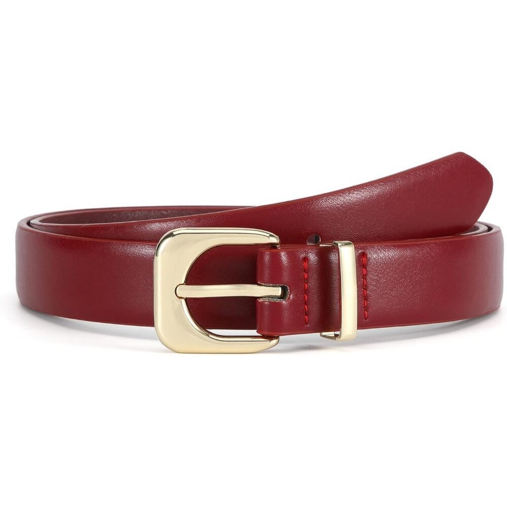 Women's Red Faux Leather Waist Belt With Gold Silver Buckle Casual Jeans Pants - Picture 1 of 6